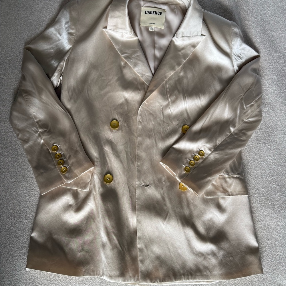 L'AGENCE Silk Double-Breasted Blazer in Champagne with Gold Buttons